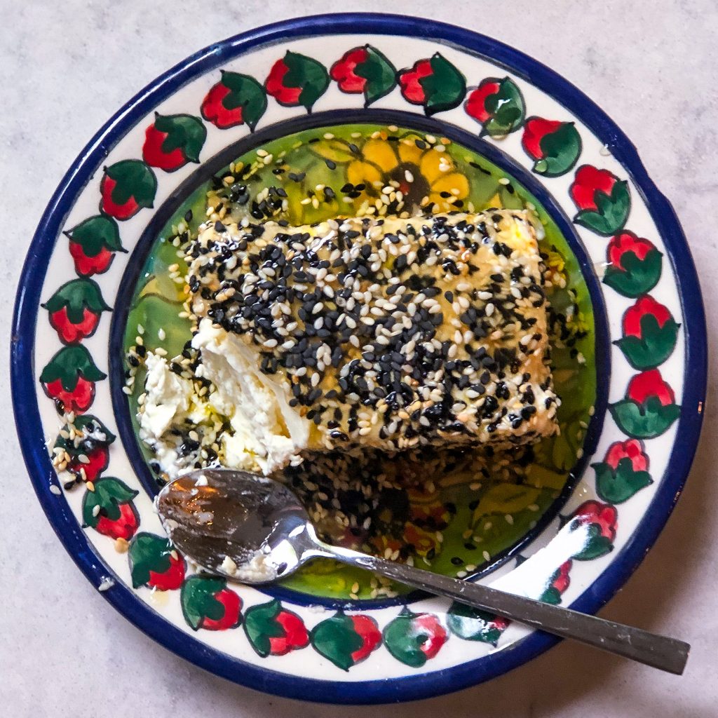 Baked feta with honey, olive oil and sesame seeds - Vered's Israeli Cooking